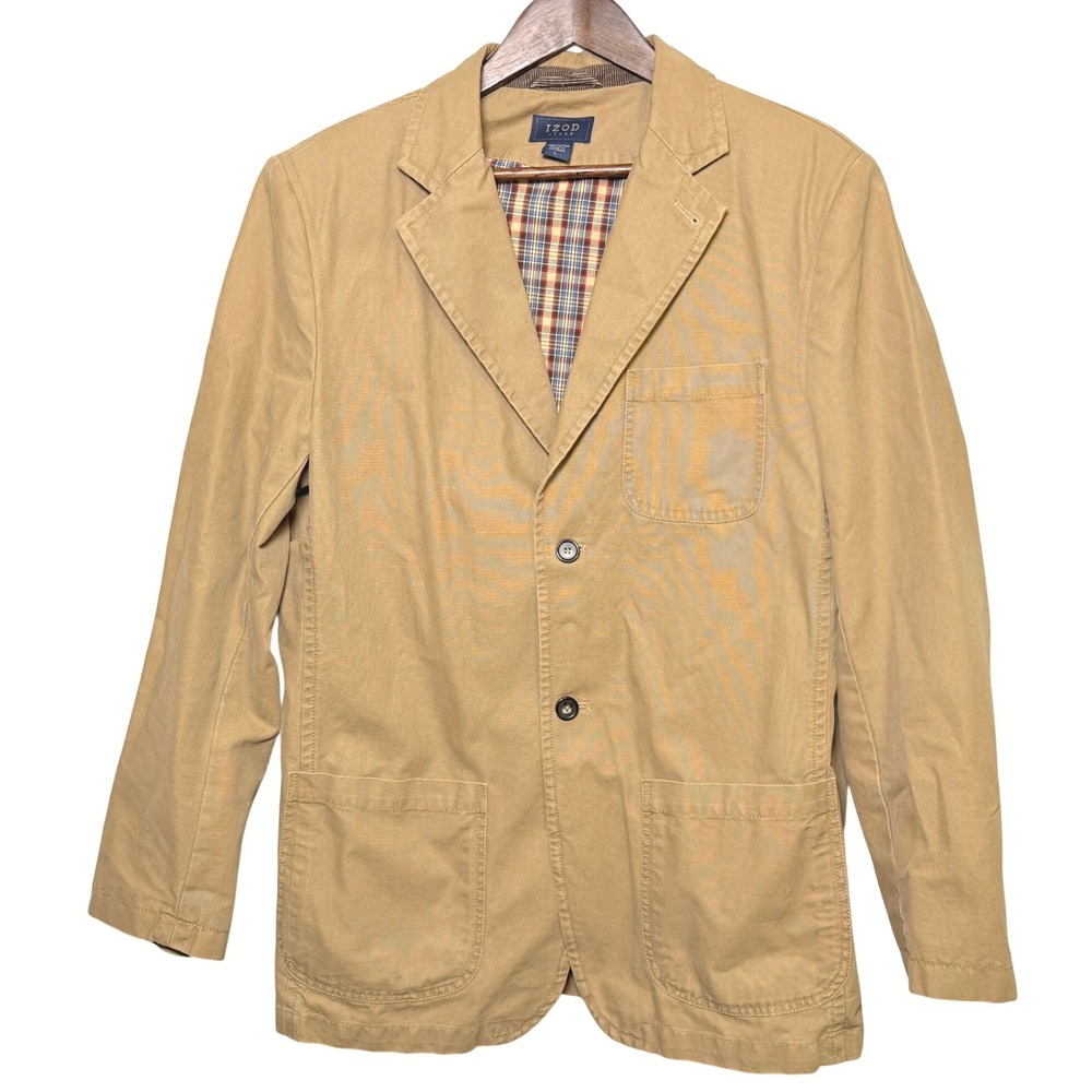 IZOD Mens Tan Khaki Cotton Canvas Blazer Chore Jacket Plaid Lined Large 4553042 - Picture 2 of 12